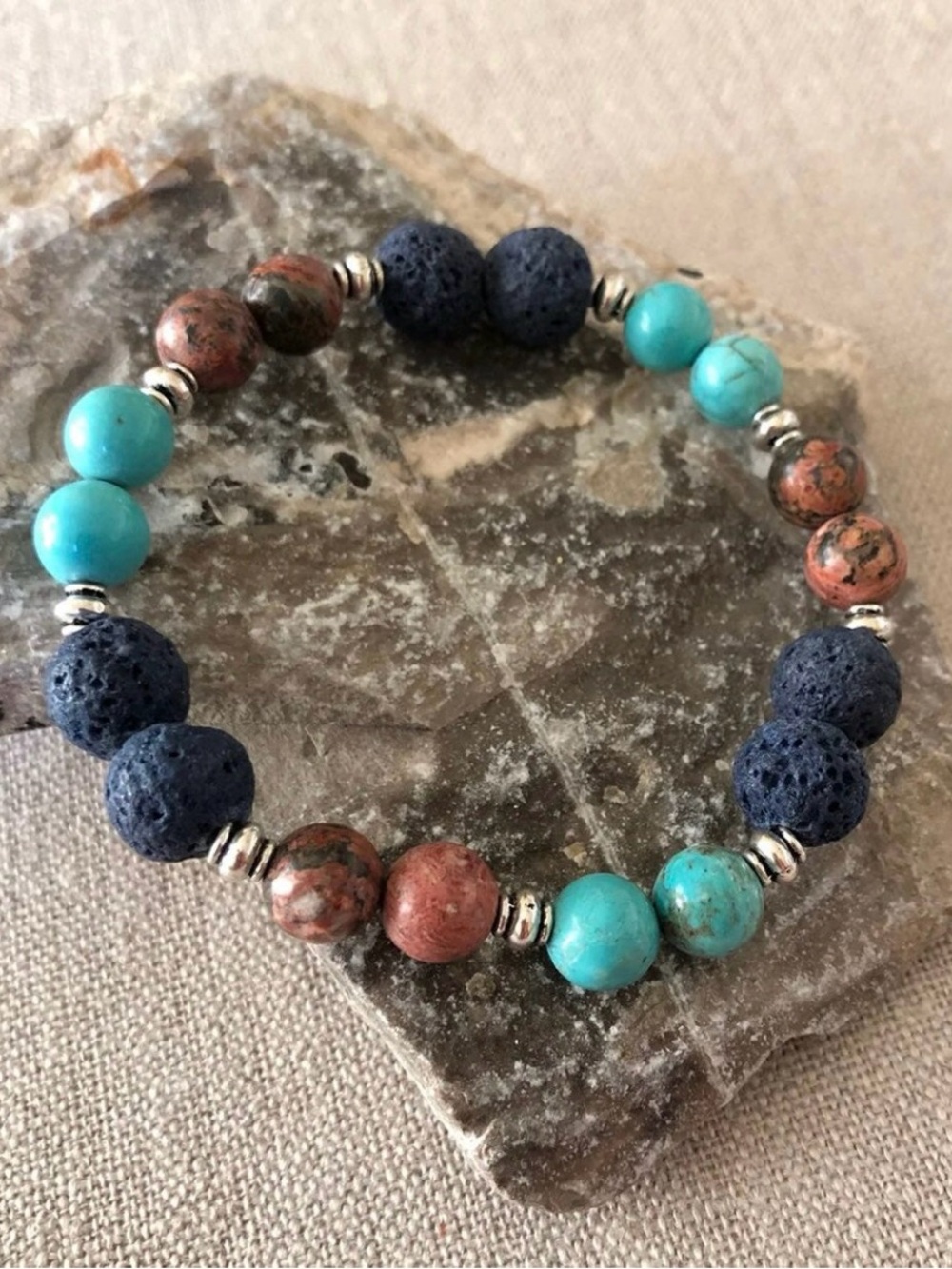 Turquoise, Navy & Brown Natural Stone Beaded Stretch Bracelet